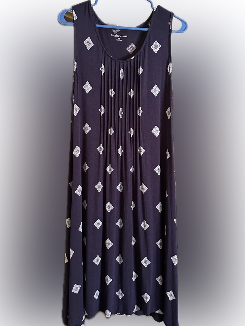 croft & barrow Navy Blue Printed Pleated Midi Dress